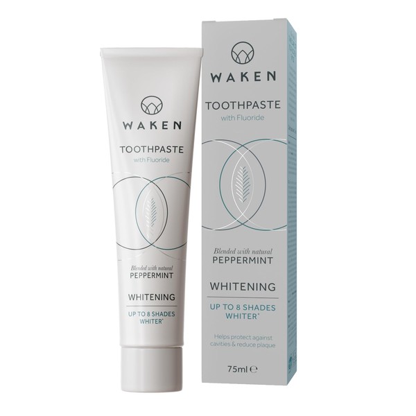Waken Whitening Toothpaste, Peppermint 75ml, 100% Natural Flavour, with Added Dental Fluoride, No Artificial Colours or Flavourings, Vegan Friendly, SLS-Free, Recycled Packaging, 100% Recyclable