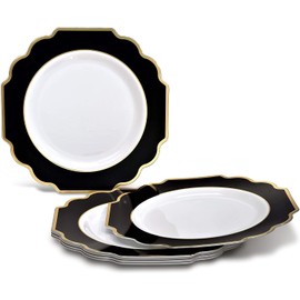 " OCCASIONS" 240 Plates Pack,(120 Guests) Heavyweight Wedding Party Disposable Plastic Plates Set -120 x 10.5'' Dinner + 120 x 8'' Salad/Dessert (Imperial in Black & Gold)