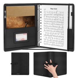 Irich Large music folder made of thick faux leather, 30 compartments/60 pages, A4 music folder for sheet music, 4 rings, black faux leather music folder with hand strap, music sheet chorus folder