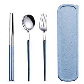 ZEARE Cutlery Set of 3 Stainless Steel Crockery Set Colourful Handle Including Fork Spoon Chopsticks with Storage Box (Blue)