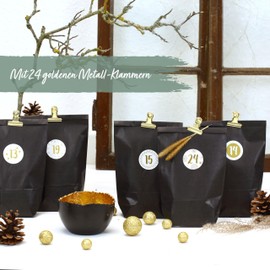 PAPIERDRACHEN Extravagant Advent Calendar for Filling - with 24 Black Gift Bags and 24 Number Stickers and Clips - Elegance Motif - for Crafts and Gifting - Christmas and Advent