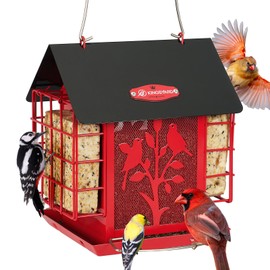 Kingsyard Metal Bird Feeder for Outdoor Hanging, Wild Bird Feeder with Double Suet Cage, Weatherproof Roof and 3 lbs Large Seed Capacity, Red