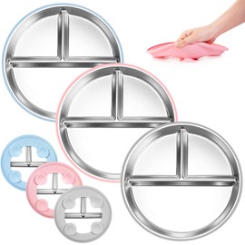 Bella's Friends Stainless Steel Silicone Suction Plates,3 Packs Non-Slip Plates,Divided Portion,Food-Grade Silicone Sleeve Plate,Lead-Free Dishwasher Safe,Blue Pink Grey