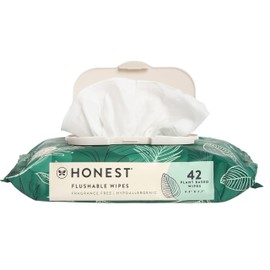 The Honest Company Flushable Wipes for Sensitive Skin | Fragrance Free, Hypoallergenic, 99% Water, Safe to Flush | pH Balanced Feminine Wipes | Tropical Leaves, 42 Count