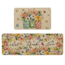 Artoid Mode Flowers Vase Butterfly Spring Kitchen Mats Set of 2, Seasonal Home Decor Leaves Low-Profile Kitchen Rugs for Floor - 17x29 and 17x47 Inch