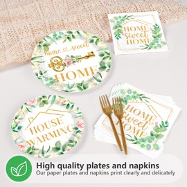 Grencian 96Pcs House Warming Party Decorations Housewarming Plates and Napkins Disposable Green Leaves Pink Floral Home Sweet Home Paper Tableware Set for New House Wedding Party Supplies, Serves 24