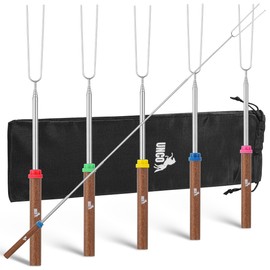 UNCO- Marshmallow Roasting Sticks, 32”, 5 Pack, Dark Brown Wooden Handle, Extendable Stainless Steel Smores Sticks for Fire Pit, Smores Skewers, Campfire Cooking Equipment