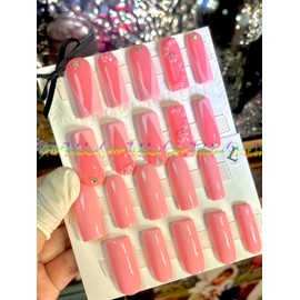 HAND-PAINTED Pink False Nails Set Square Press on Nails Pressons Nails Kit Medium Length Stick on Nails Shoot Nail Art Short Nails with 7g Nail Glue on Nails Coffin Handmade (X-Small, Style 30)