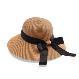 JJDreams Women's Sun Hat Straw Hat Foldable Beach Hat Summer Hat with Bow Panama Hat for Travel Holiday and Beach, Curry light