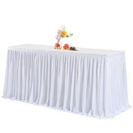 Partisky White Polyester Table Skirt for Rectangle Tables 9f, Wrinkle Resistant Pleated Ruffle Table Cloth for Birthday Party Banquet Wedding Baby Shower