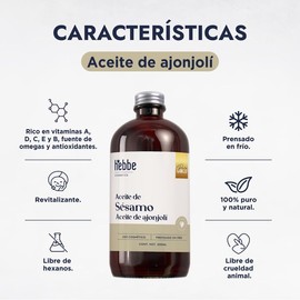 HEBBE Aceite De Ajonjolí 500 ml | Prensado En Frío 100% Puro | Hidratante Antioxidante | Elasticidad Piel | Cuidado Cabello
