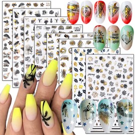 8 Sheets Summer Nail Art Stickers, Holographic 3D Seaside Beach Nail Art Decals, Laser Gold Coconut Tree Leaf Dolphin Line Nail Art Adhesive Sticker for Women Girls Manicure Sparkly Hawaii Decorations