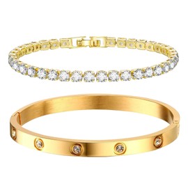 Gold Bracelets for Women - 2Pcs 18K Gold Plated Love Cubic Zirconia Bangle Crystal Friendship Bracelet Jewelry,Wedding Party Christmas Valentine's Day Birthday Gifts for Her Girlfriend Sister