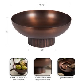 Kate and Laurel Rooks Ribbed Decorative Metal Bowl, 12 Inch Diameter, Bronze, Vintage Raised Fruit Bowl for Kitchen Counter or Use as a Key Bowl for an Entryway Table