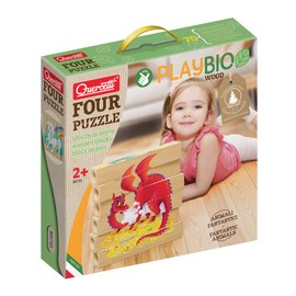 Quercetti Four Puzzle Fantastic Animals - Turn and Stack 6 Large Wooden Blocks to Create 4 Fantasy Animal Puzzles, Made in Italy, Designed for Toddlers and Little Kids Ages 2 Years and up