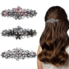 Pack of 3 Elegant Hair Clips for Women Girls, Sparkling Fashion Exquisite Flower Crystal Hair Clips (Pink and Dark Blue/Black and Dark Blue/Grey and Grey)