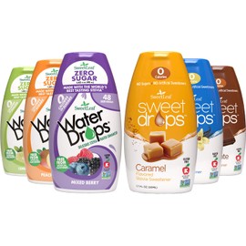 SweetLeaf Stevia Liquid Variety 6-Pack – Caramel, Chocolate, Vanilla Sweet Drops, 1.7 Oz Ea + Peach Mango, Lemon Lime & Mixed Berry Water Drops, 1.62 Oz Ea
