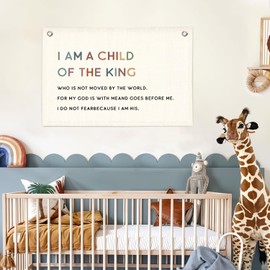 Lacama Christian Wall Decor for Boys Room, Baby Boys Nursery Decor, Bible Verse Wall Linen Hanging Banner Flags, I Am a Child of The King Banner Neutral Wall Decor, Birthday Gift 30x20 Inch