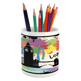 Ambesonne Retro Pencil Pen Holder, Vintage London City View with Color Splashes Poster Style Grunge Urban Artwork Image, Printed Ceramic Pencil Pen Holder for Desk Office Accessory, Multicolor