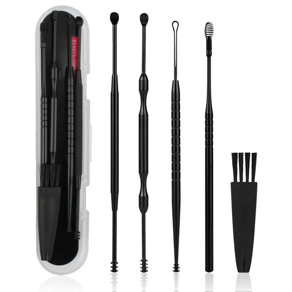 MJIYA Ear Pick Earwax Removal Kit, Ear Cleansing Tool Set, Ear Curette Ear Wax Remover Tool with a Storage Box (Black, 5 Count (Pack of 1))