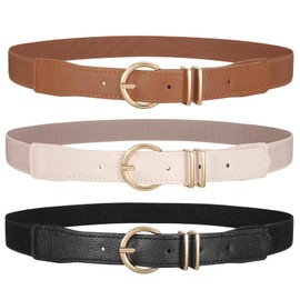 JASGOOD 3 Pack Women Skinny Elastic Waist Belt for Dress Ladies Thin Stretch Fashion Belt with Gold Buckle, Black+Beige+Brown/Fit Waist Size 31-35inch