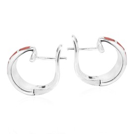 AeraVida Stylish Loop Simple Elegance Earring with Reconstructed Red Coral Inlay .925 Sterling Silver Huggie Earrings | Elegant Coral and Silver Fashion Earrings for Women