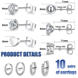 10 Pairs Stainless Steel Stud Earrings Flower Heart Ball CZ 20G Stud Earings 10mm 12mm Hoop Earrings Cartilage Earrings For Men Women Silver