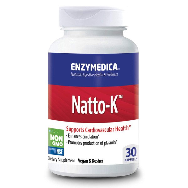 Enzymedica, Natto-K, Enzyme Supplement to Support Cardiovascular Health, Vegan, Kosher, 30 Capsules (30 Servings)