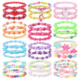 Rhoxshy 36 PCS Toddler Bracelets for Girls Cute Little Girl Bracelet Set Colorful Beaded Bracelets for Kids Non Toxic Childrens Pretend Play Bracelet Princess Jewelry Birthday Christmas Party Favors