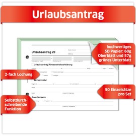 PRIMUS PRINT Holiday Application - DIN A5 Landscape, 2 x 50 Sheets, Extra Sheets, Self-Copying, Absence Application, 2 Hole Punching, Available Individually or in a Set - Individually 2 x 50 Holiday
