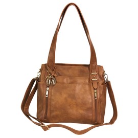 Zzfab Multi Pockets Double Handles Faux Leather Concealed Carry Purse with Hidden Locking Zipper Brown