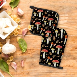 FIicy Vintage Mushroom Oven Mitts and Pot Holders Sets, Cottagecore Mushroom Kitchen Decor Accessories Sets, Botanical Mushroom Themed Gifts Heat Resistant Oven Glove Potholders for Kitchen Cooking