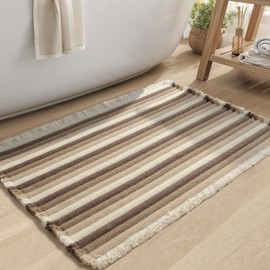 tchdio Striped Bath Mat Rug, Super Absorbent Non Slip Bath Mats for Bathroom Floor 3D Woven Gradient Bathroom Mat with Tassels Machine Washable Bathroom Rugs Beside Tub, 24" x 36", Brown