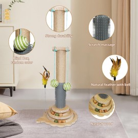 Topkins Cat Scratching Post, 6 in 1 Cat Scratcher for Indoor Cat, 18.11" Tall Cat Climbing Pole with Removable Cat Teaser, Interactive Cat Toy with Two Sisal Balls, Natural Sisal, Wood Base