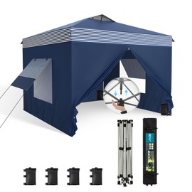 Canopy Tent Pop Up 10x10 ft One Person Push Set Up Tent with 4 Sidewalls, Outdoor Canopies Shelter Heavy Duty Straight Legs with 4 Sandbags & 1 Roller Bag, 8 Stakes & 4 Guy Ropes, UPF50+, Navy Stripes