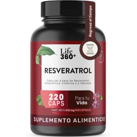 LIFE 360+ Resveratrol | 220 Cápsulas | Antioxidante de 1024 mg por porción | Resveratrol, Astaxantina, Vitamina C y Celulosa | Suplementos Alimenticios | 110 Porciones por Envase | Sin Colorantes Añadidos