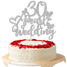 1 decoración para tartas de boda 30 con corazón de purpurina plateada, 30 perlas, decoración para tartas de boda para saludar a 30 años de feliz 30 aniversario de boda, decoración de pasteles