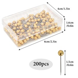 Pack of 200 Map Pins Pin Board Pins for Pin Board Plastic Head Pins with Steel Tip for Map Pin Pins, Pins Set with Storage Box (Gold)