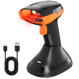 AGPETK Barcode Scanner, Handheld Scanner with Handle and Base Station, Orange and Black, Wireless Handheld Barcode Scanner 2D QR Barcode Scanner with Wireless Charging Station and Ergonomic Design