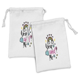 Ambesonne Inspirational Fabric Pouch Set of 2, You and Me Words with Rainbow Clouds and Hearts Love Romance Doodle Print, Small Drawstring Bag for Toiletries Masks and Favors, 9" x 6", Multicolor