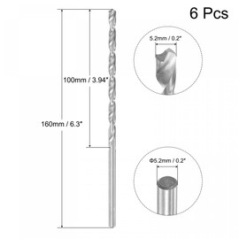 sourcing map HSS(High Speed Steel) Extra Long Twist Drill Bits, 5.2mm Drill Diameter 160mm Length for Hardened Metal Woodwork Plastic Aluminum Alloy 6 Pcs