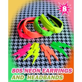 FSLLZCJY 8 Pack 80s 90s Accessories for Women Neon Earrings and Knotted Headbands 80s Party Costume Fashion Outfit for Women