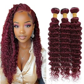 Niciitysi Color Wine Red Deep Wave Bundles Color 99j Human Hair 18 18 18 inch Double Weft Brazilian Hair Extensions Soft and Silky Burgundy Deep Curly Weave Bundles for Women