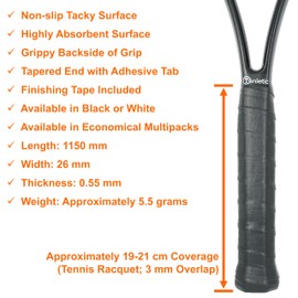 Tenletic Professional Racket Overgrip Tape - 0.55 mm Thickness – Anti Slip Tacky Overgrip Tape for Tennis, Squash, Badminton and Other Racquet Sports (3-Pack Black)