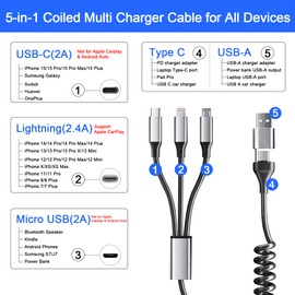 Coiled Multi Charging Cable [MFi Certified] 5 in 1 Coiled Charging Cable for Car Coiled Universal Charging Cable USB A/USB C to Lightning(Data, Carplay, 2.4A Charge), Type-C(Charge), Micro USB(Charge)