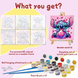 nekpiahu 6 Pack Cartoon Paint by Numbers for Kids with Framed Canvas-with Wooden Easel, Paint by Number for Kids Ages 4-8-12, DIY Easy Acrylic Oil Painting Kits for Home Wall Decor (8X8inch)