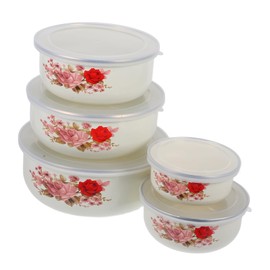 DOITOOL 5Pcs Enamel Mixing Bowl Set Vintage Enamel Bowl with Lid Chinese Style Soup Basin Salad Fruit Food Storage Container Prep Serving Bowls for Kitchen Tableware
