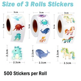 1500Pcs(3 Rolls 2.5cm/1inch) Reward Stickers Animal Stickers Unicorn Dinosaur Ocean Animal Stickers Cartoon Teacher Reward Stickers for Kids Party Decoration Children Classroom Nursery School Supplies