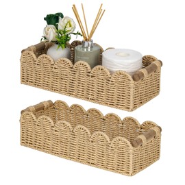 CubesLand Scalloped Decor Basket for Living Room, Home, Bathroom, 2SAME SIZE Paper Rope Basket, Toilet Storage Baskets for Over Toilet Storage Shelf, Cute Woven Basket Both Storage&Decor, Beige