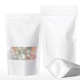 SumDirect 50pcs White Kraft Stand Up Food Bags, Zip Lock Reusable Packing Pouches with Transparent Window and Tear Notch Thicken Heat Sealable, for Storing, Cookie, Snack Tea and Drinking (12x20CM)